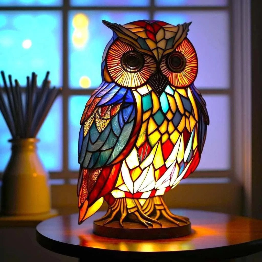 Merlin | Lampa bufniță magică din sticlă colorată