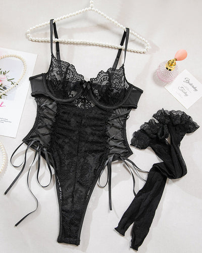 Christina™ | Body transparent din dantelă cu model floral și fundiță pe lateral